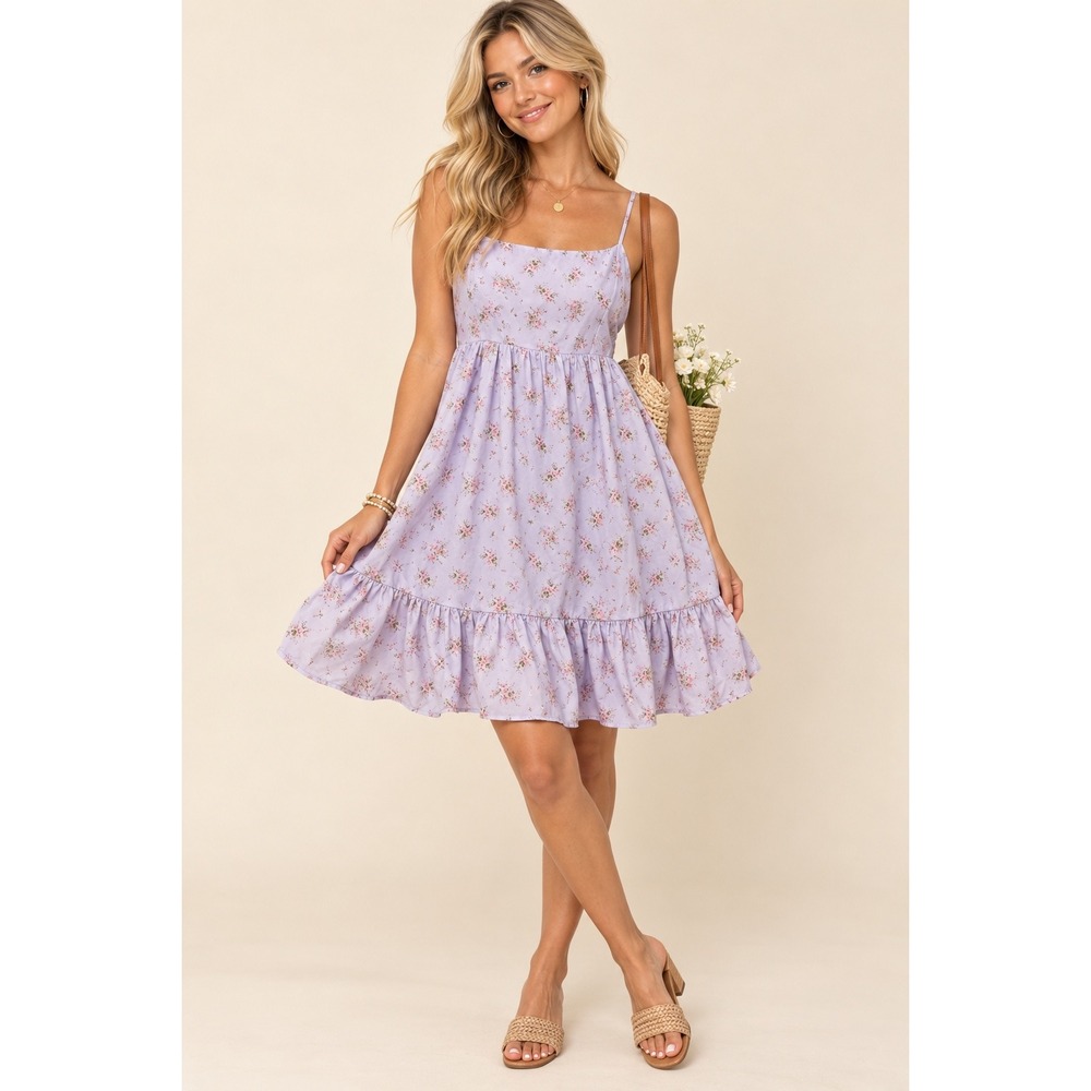 Altar'd State Lavender Floral Smocked Ruffle Mini Sundress Cottagecore - M